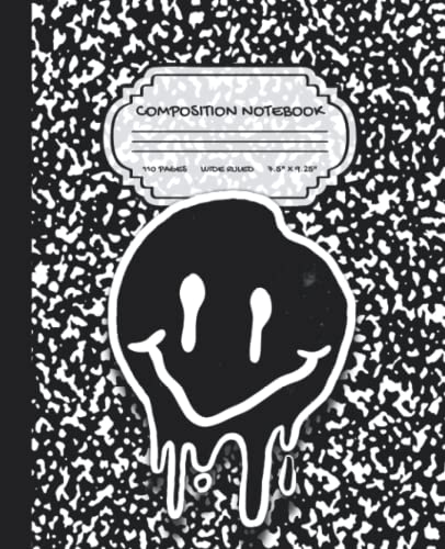 Composition Notebook: Cute Preppy Drippy Smiley Face Aesthetic Design Black & White Marble Print Pattern Glossy Cover Notepad Blank Wide Ruled Lined ... Supplies for Kids, Teen Girls, Boys, Students image 2