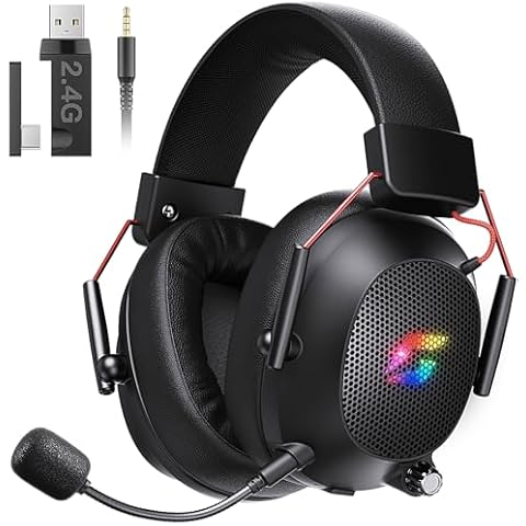 CyberGeek Wireless Gaming Headset for PS5/PS4/PC, Bluetooth 5.3 Gaming Headphones with Noise Canceling Microphone, Surround Sound, with USB/Type C Dongle, RGB Light, 50H Battery -Black Cover