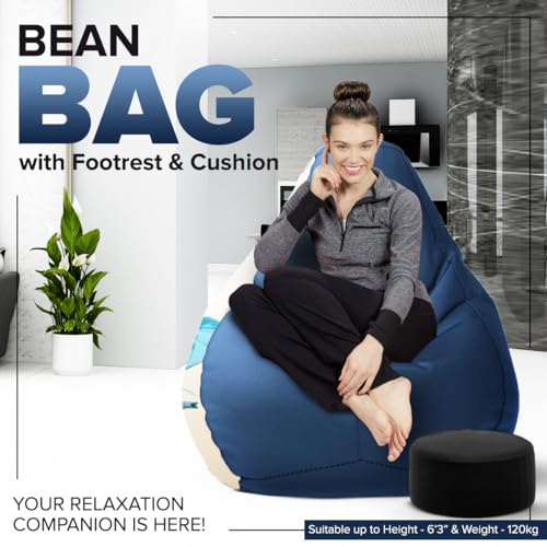 Image of Amazon Brand - Solimo 4XL Premium Faux Leather Bean Bag Combo with Footrest & Cushion, Filled with Beans | Capacity: Upto 6 Ft 5 in Height, 125 KG Weight | Common Sense Print