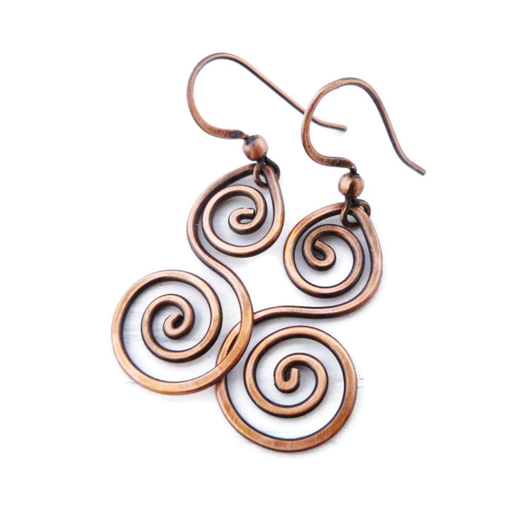 Pillar of Salt Studio Handcrafted Solid Copper Earrings Double Spiral (Antiqued Copper, Medium, 1-1/4" drop)