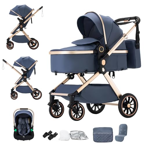 Mobayta 3-in-1 kinderwagen met muggennet, kinderwagen met aluminium frame voor pasgeborenen en baby's met in hoogte verstelbare handgreep (U9-X/Blauw, U9-X)