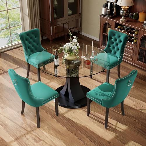 Image of 5-Piece Dining Table Set with 39In Tempered Glass Table and 4 Velvet Upholstered Chairs, Modern Scandinavian Furniture for Dining Room Kitchen(Green)