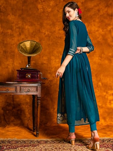 Image of EthnicJunction Women's Georgette Relaxed Fit A Line Embroidered Naira Cut A-Line Kurta | Karva Chauth Special Kurta