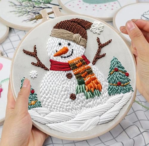 Image of Huacan Embroidery Kits for Adults Beginner DIY Cross Stitch Stamped Christmas Pattern Stitching Sewing Kit 1 Piece 7.8 x 7.8 Inch (Snowman)