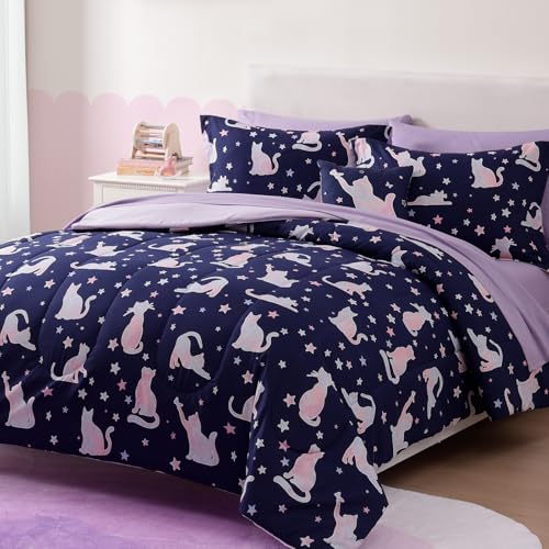 Image of Full Size Comforter Sets for Girls-7 Pieces Cat Glow in the Dark Bedding