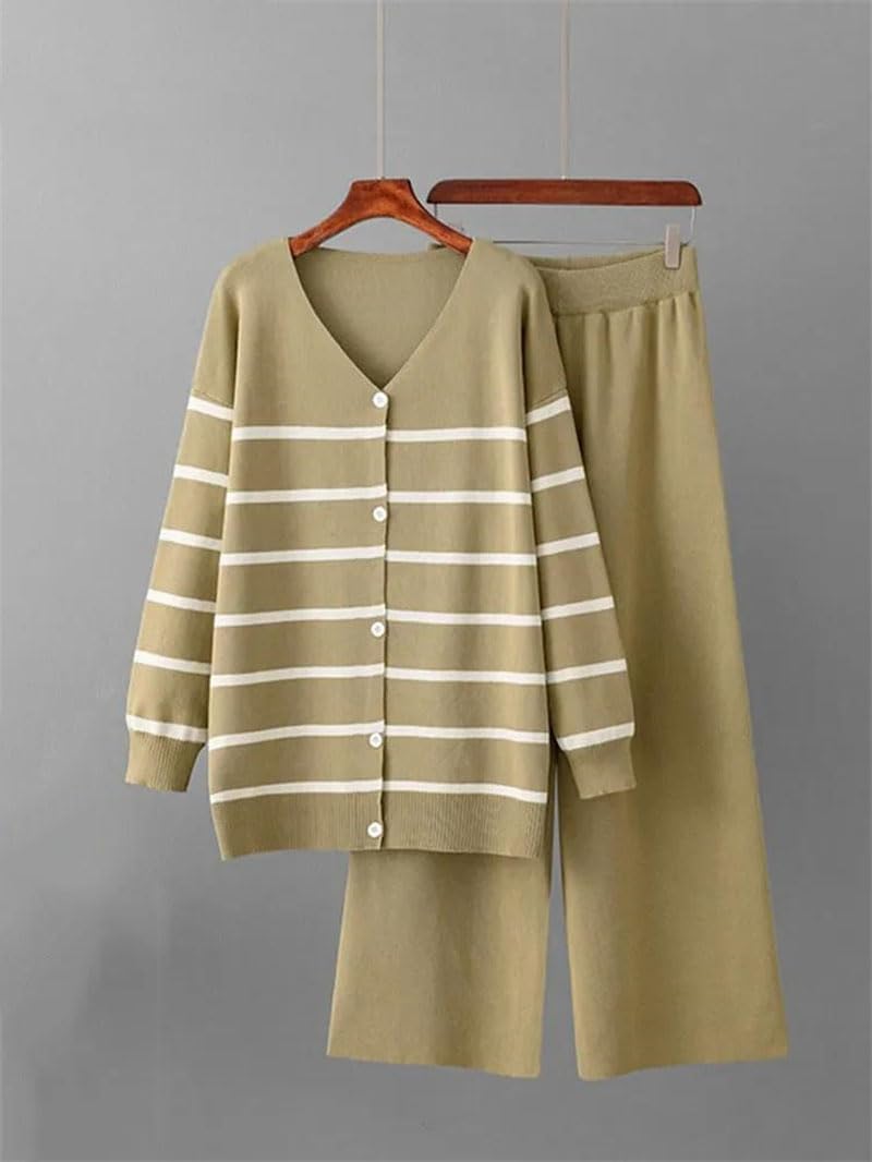 Sweter damski w paski z dekoltem w serek, bluzka z wysokim stanem, spodnie dresowe z dzianiny, 2-częściowy komplet (khaki, rozmiar L)