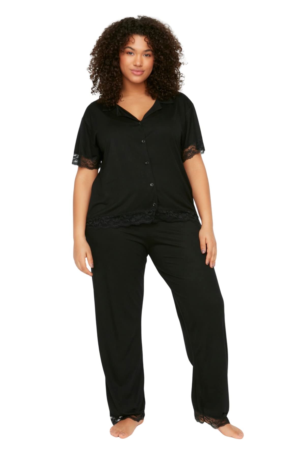 Trendyol Women Straight Knitted Shirt-Trousers Plus Size Pajamas Set Schwarz