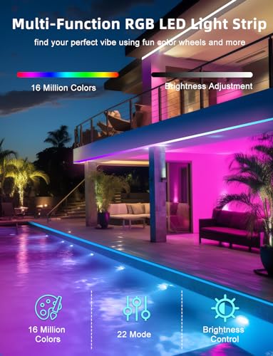 Image of 100 FT outdoor LED strip lights (2 rolls of 50 FT), IP65 waterproof, music synchronization RGB LED light, with 44 key remote control and application, used for outdoor, balcony, and roof decoration