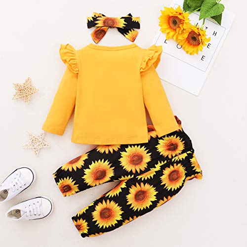 Image of YALLET 3Pcs Toddler Girl Clothes Solid Color Long Sleeves Ruffle Top+Floral Pants+Headband 1-6 Years Fall /Winter Outfits Set