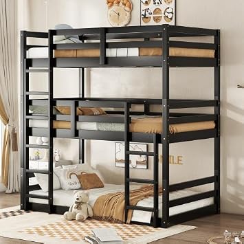 Twin over Twin Rubber Wood Bunk Bed with Built-in Ladders Length Guardrails, Detachable Triple Bunk Beds, Family-Friendly for All Ages Bedroom, No Box Spring Needed, Easy Assembly, Black
