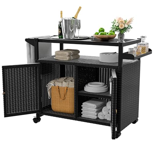 Xilingol Outdoor Bar Table, Wicker Bar Cart With Cabinet, Patio Serving Cart With Tempered Glass Top, Lockable Wheels, Rounded Handle &Amp; Side Basket For Garden, Poolside &Amp; Backyard, Black