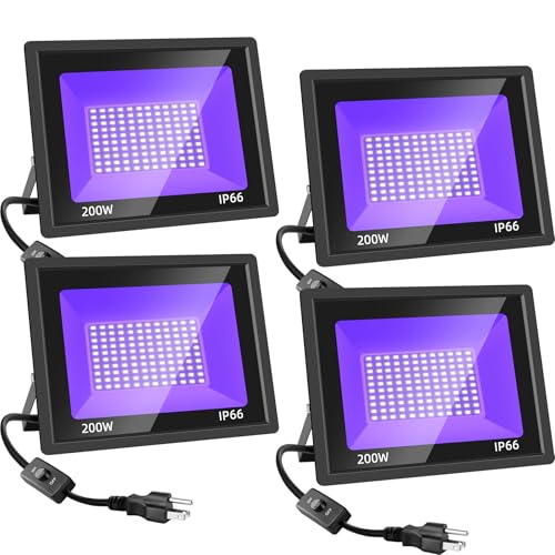 Image of 4 Pack 200W LED Black Lights, Blacklight Flood Lights with Plug & Switch, Waterproof IP66 Outdoor High Power Neon Glow for Parties, Halloween Decorations, Fluorescent Poster, Body Paint