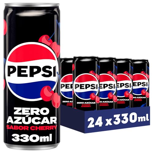 Pepsi zero Cherry Refresco de cola con cero azúcar y cero calorías, pack de 24 latas de 330 ml, 7.92 litros en total