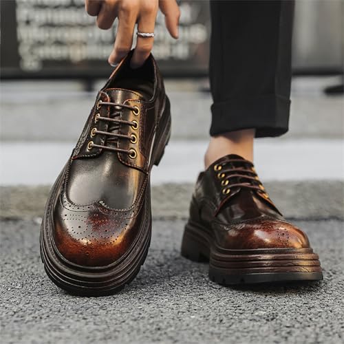 Men's Platform Chunky Dress Shoes Color Rubbing Genuine Leather Wingtip Oxfords Classic Round Toe Lace-up Lug Sole Shoes， Casual Comfortable Business Work Shoes2