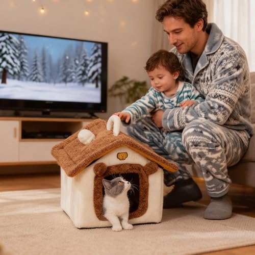 Maison chat chaud d'intérieur avec tunnel amovible et résistant - 5