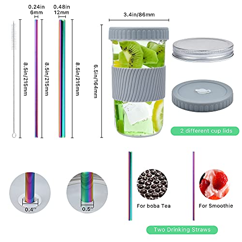 Reusable Boba Cup, 22Oz Bubble Tea Cups Wide Mouth Smoothie Cups With Lid Straws Brush, Leakproof Mason Jars Drinking Bottle Juicing Travel Mug Glass Tumbler For Large Pearl, Coffee (2 Pack) #TOP1