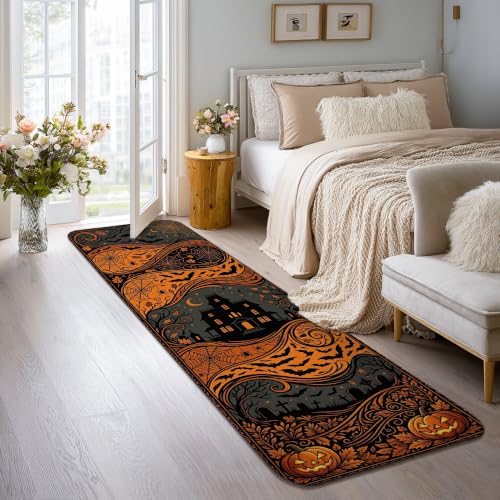 Alfombra de pasillo interior rectangular de pelo bajo temática calabazas de Halloween naranja 5