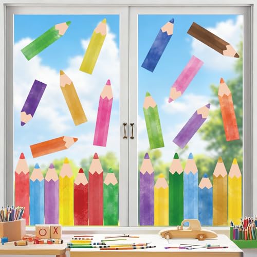 Colored Pencils Window Clings for Glass Windows - 9 Sheets 27 Pcs Large Pencil Theme Window Decals Stickers Welcome Back to School Decor for First Day of School Preschool Classroom Decor