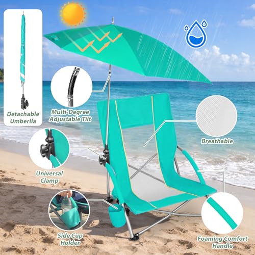 Image of Romswi Beach Chair with Umbrella 2PK, Folding Low Beach Chairs for Adults with Adjustable Parasol, Cup Holder, Breathable Backrest, Comfortable Armrests, Lightweight for Beach & Camping, Green