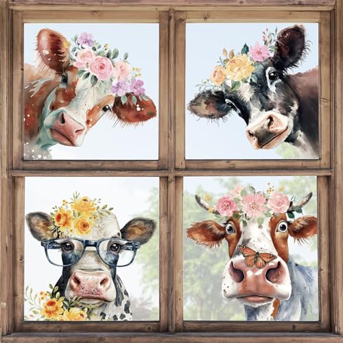 JarThenaAMCS Floral Cow Window Clings Cute Cow Window Stickers Double-Side Glass Decals for Party Home School Office Decor, 11.5 x 8.3 Inch, 6 Sheet