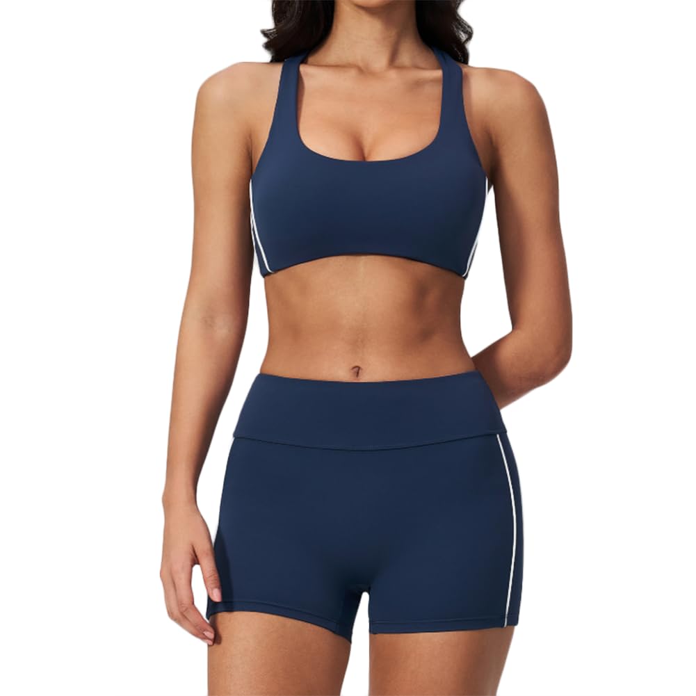 XYFfybhsd Women's Sports Bra & High Waist Shorts Outfit for Gym, Running & Outdoor Sports(Size:S,Color:Blue)