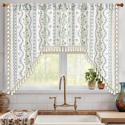 Image of Yinhua Boho Swag Valance Curtains Vintage Linen Valances for Windows Light Filtering Floral Kitchen Valance Rod Pocket Rustic Tassel Window Valances for Bathroom Cafe, 60 inch W x 36 inch L, Blue Green Floral
