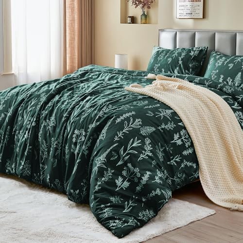 MUXHOMO Duvet Cover Full Size, Reversible Floral Forest Green Duvet Cover Set with Zipper Closure, 3 Pieces Botanical Patterns Soft Microfiber Bedding Set with 4 Ties (80"x90", 2 Pillow Cases)