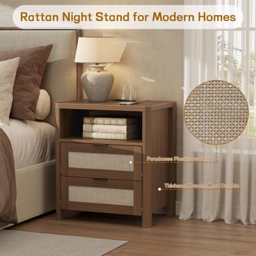 Image of Boho Nightstand Set of 2 with Charging Station, Bedside Table with Drawer & Open Storage Shelf, Mid-Century Modern End Table Rattan, Accent Side Table with Rounded Corners for Bedroom Living Room
