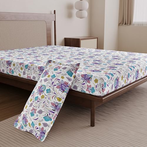 Image of Divine Casa 144 TC 100% Cotton Single Bedsheet for Single Bed with 1 Pillow Cover | Soft Breathable Comfortable Cotton Bedsheet Set for Bedroom & Guest Room | 145 x 223 cm (Purple Blue, Floral)