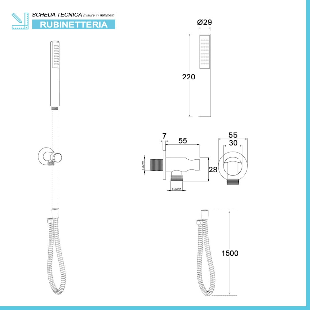 Kit doccia moderno nero opaco con soffione 30 cm, braccio 35 cm, doccino con flessibile e supporto in Acciaio inox e ABS