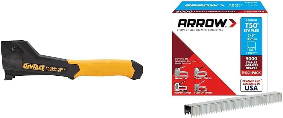 DEWALT Stapler, Carbon Fiber (DWHT75900) & Arrow Fastener 506IP Heavy Duty T50 3/8-Inch Staples for Upholstery, Construction, Furniture, Crafts, 5000-Pack