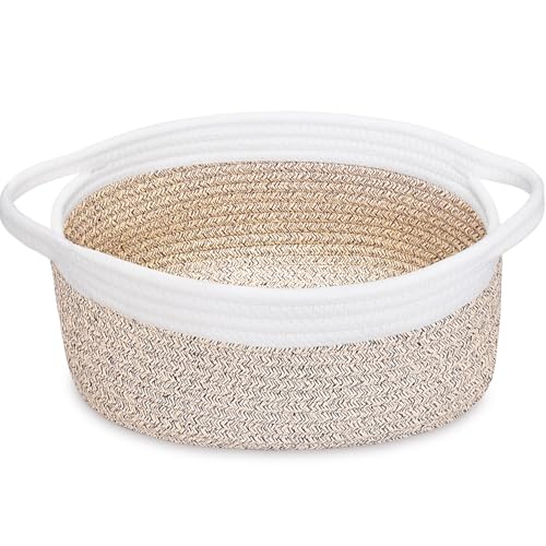 Image of ABenkle Small Basket with Handles, Boho Decorative Rope Woven Dog Cat Toy Storage Bin Shelf Storage Organizer, Easter Christmas Gift Basket, 12 inchx8 inchx5 inch, Mixed Brown