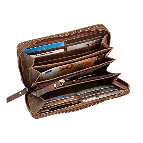 LEABAGS Leder Geldbörse Damen - Portemonnaie Gross mit RFID Schutz, Echtleder XXL Geldbeutel Damen Groß, 29 Kartenfächer Portmonee mit Münzfach, Doppelter Reißverschluss（Vintage Dunkelbraun）
