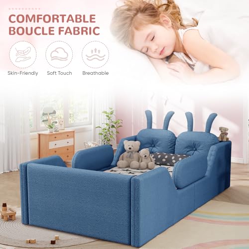 Image of Twin Size Kids Bed with Rabbit Cushions, Upholstered Boucle Fabric Platform Floor Twin Daybed with Removable Side Rail, Space-Saving Wooden Corner Sofa Couch Bed Frame for Girls, Boys, Teenager(Blue)
