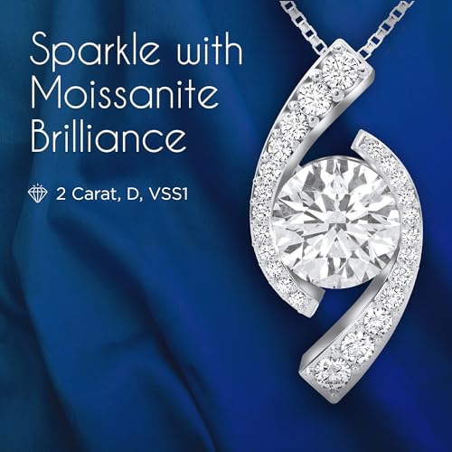 Moissanite Necklace Gift for Her Anniversary Present for Wife Girlfriend Mom Platinum Plated Sterling Silver 1–2 Carat, D, (VSS1) Moissanite Necklace Gift for Women Mother’s Day Valentine’s Day Christmas Day2