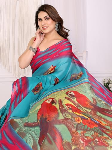 Image of SUPERLAXMI Women's Chiffon Floral Printed Saree with Blouse Piece