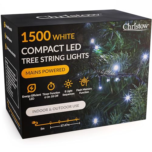 CHRISTOW 8ft Christmas Tree Lights, 1500 White LED Fairy Lights with Timer, 8 Light Modes, Energy Efficient 3mm LEDs, Indoor & Outdoor, Mains Powered, Green Cable (34.47m Lit Length)