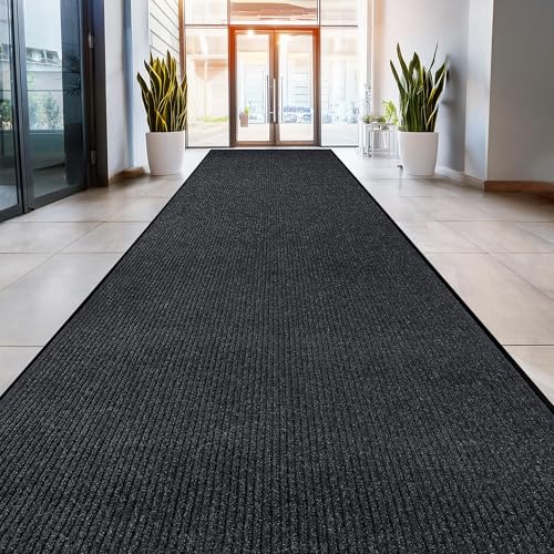 Image of Durable Rubber Door Mat - Heavy Duty, Indoor /Outdoor, Easy Clean, Waterproof, Low-Profile Mat for Entry, Patio, Garage - Stylish (Charcoal, 16' x 3' (Mud Trapper))