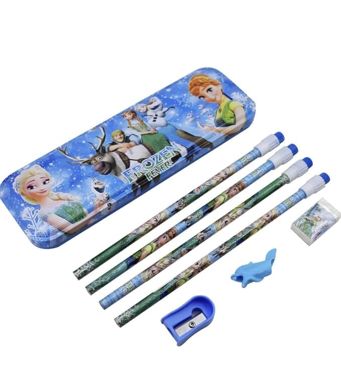 Image of Kidox Stationery Set for Kids- Birthday Gift for Girls, Boys - Metal Geometry Box for Girls & Boys Kids Pencil Box Set, Pencil Case Set, Pencil, Erasers, Sharpener for Children (Frozen)