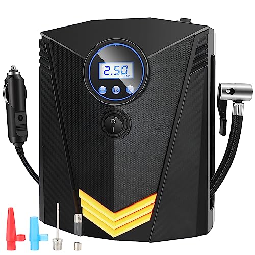 LabTEC 12V Car Tyre Inflator Air Compressor Tyre Pump 12V 150 PSI Portable Electric Car Air Pump with 3 Nozzles LED Light for Car Bike Motorcycle
