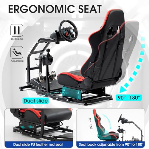 Mokapit Realistic Racing Simulator Cockpit with Red Seat Fit for Thrustmaster/Logitech/PXN T300RS,TX F458, G29,G920 G923 Adjustable Driving Simulator Stand Wheel & Handbrake & Pedal Not Included