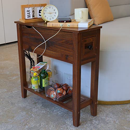 Lusouwlz Narrow Side Table With Drawer & Charger, Chairside End Table With Storage Shelf, Bedside Slim Nightstand With Flip Top Walnut #TOP2