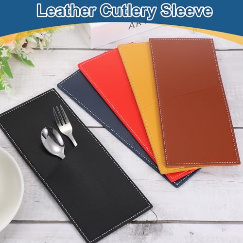 sourcing map 2 Pcs Leather Cutlery Sleeve Silverware Utensil Holders Knife and Fork Bag Pouch Flatware Storage Sleeves for Dinner Table Home Kitchen Table Decoration, Brown - Image 3