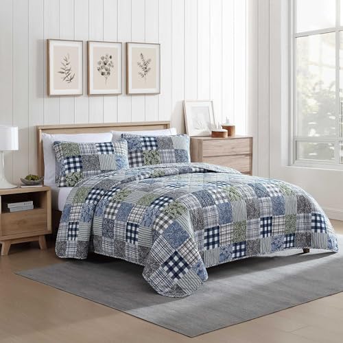 Image of Eddie Bauer - King Quilt Set, Reversible Cotton Bedding with Matching Shams, Patchwork Luxurious Bedding Set with Plaid Reverse (Cozy Plaid Patchwork Blue /Green, King)