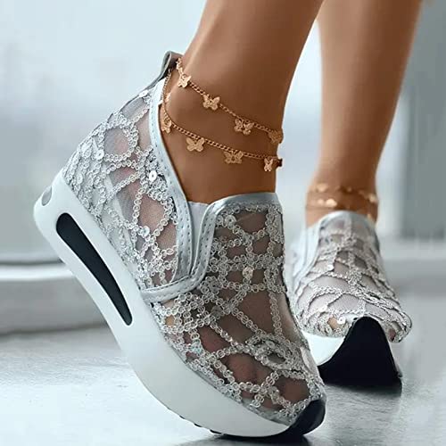 Floral Embroidery Sneakers for Women 2025 Platform Wedge Shoes Breathable Sheer Mesh Lace Fashion Sneakers with Arch Support Womens Slip On Loafers Comfortable Casual Walking Shoes4