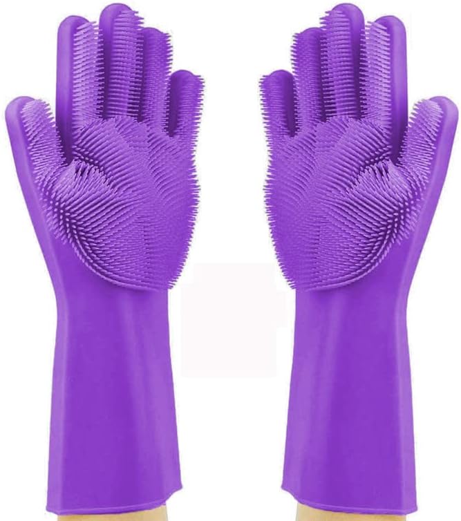 Forliver Cleaning Dishwashing Gloves, Silicone Reusable Cleaning Brush Heat Resistant Scrubber Gloves for Housework, Kitchen, Bathroom, Car, 1 Pair (Large)
