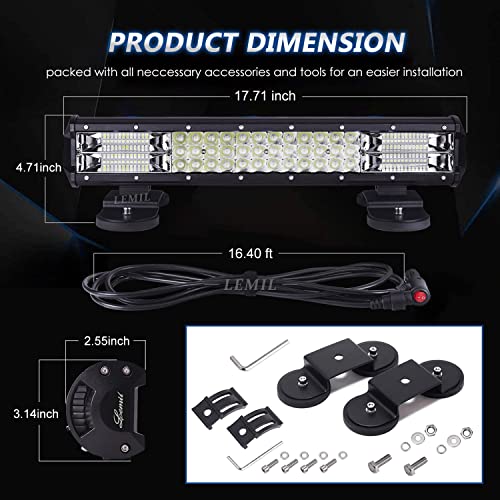 Lemil Led Light Bar 18'' 252W Magnetic Light Triple Row Lights Cigarette Lighter Plug Flood Spot Combo Beam 12V Work Light High Power Wire Harness Kit Fog Driving Light Offroad Truck 4X4 Pickup Atv #TOP6