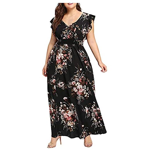 VEMOW Plus Size Elegante Damen Frauen Casual Kurzarm Kalt Schulter Boho Blumendruck Casual Täglichen Party Strand Langes Kleid Schulterfrei Strandkleid(X5-Schwarz, 52 DE / 4XL CN)