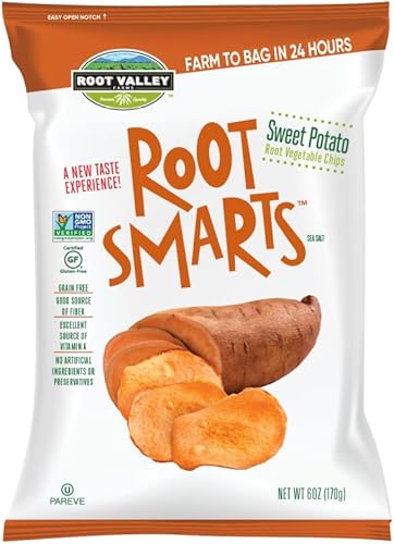 Root Smarts Sweet Potato Sea Salt Vegetable Chips with the perfect crunch. Gluten Free, NON GMO, No artificial ingredients or preservatives, Parave.