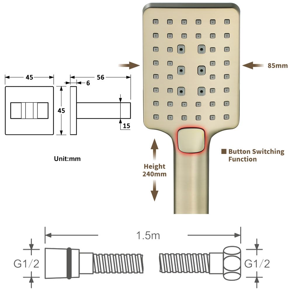 Doccino per Doccia con Flessibile 1,5m e Supporto, Doccetta per Doccia con 3 modalità di Getto, Manuale Soffione Doccia, Alta Pressione e Risparmio Idrico, Ideale per Bagno e Vasca